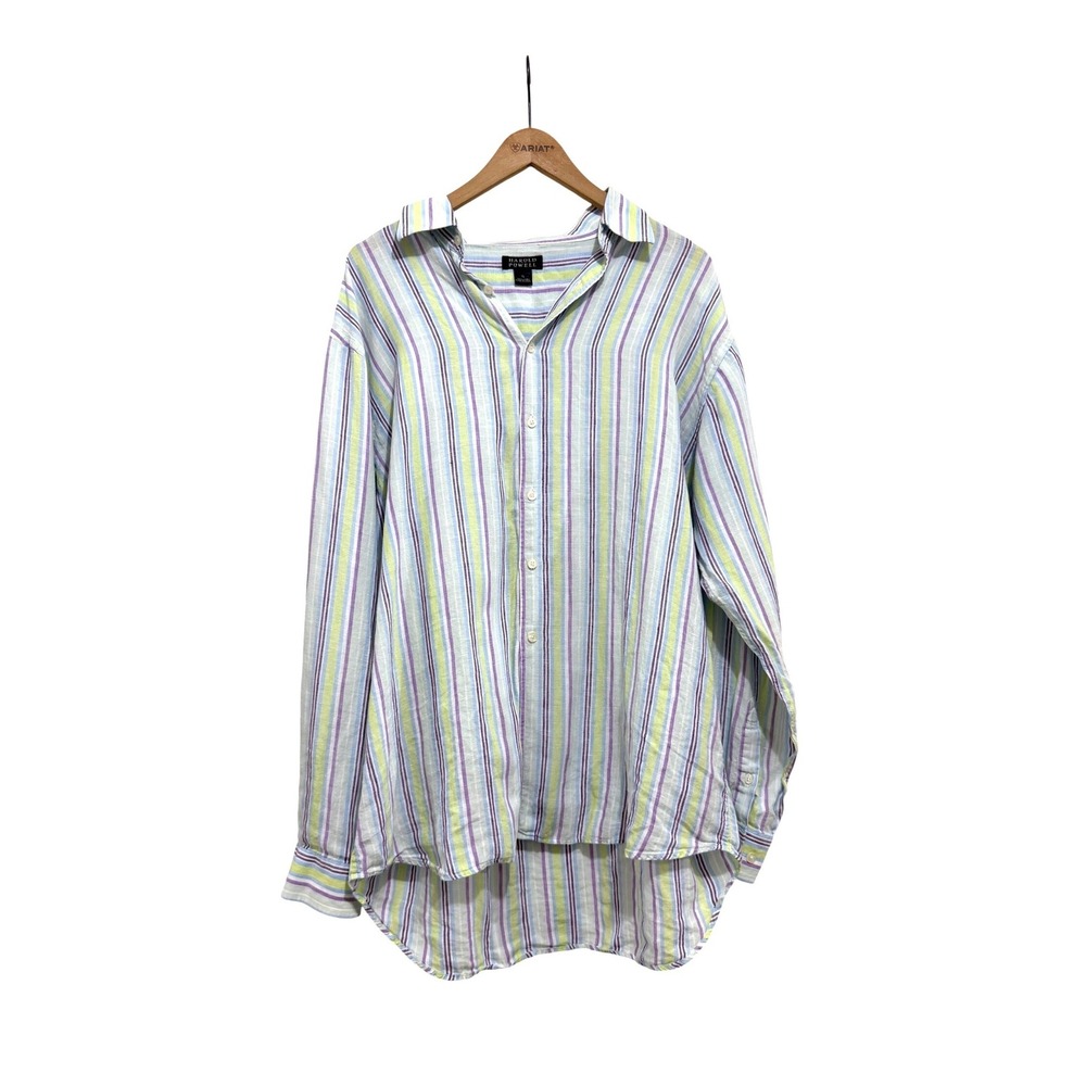 Harold Powell Mens XL 100% Linen Striped Button Down Shirt Purple‎ Green Blue